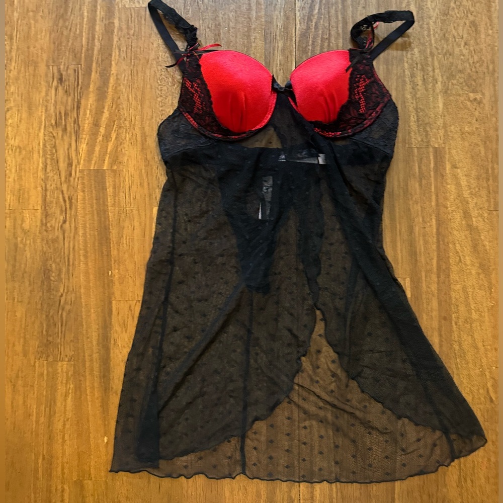 Lingerie! Red and Black camisole dress with matching thong. Never Worn!